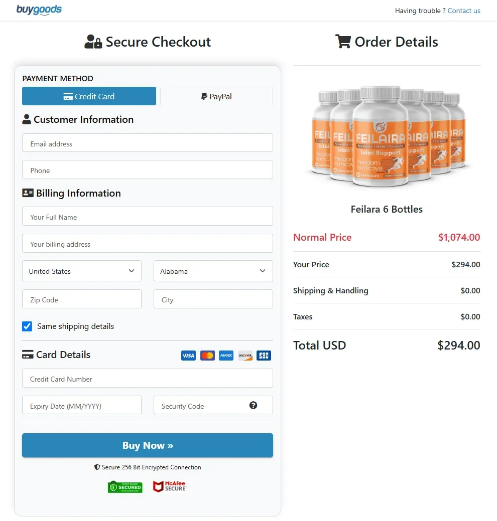Feilaira Secure Checkout Page